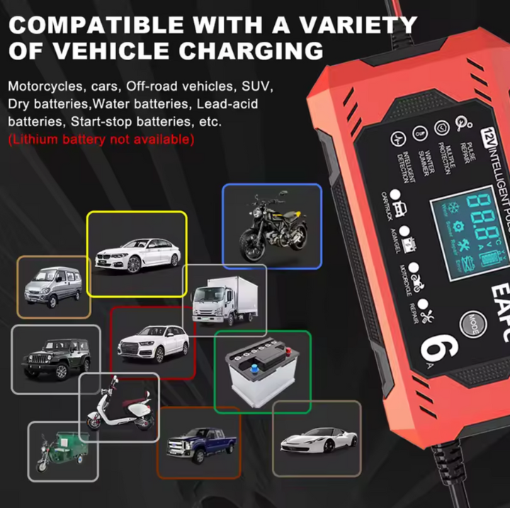 Încărcător de baterie auto inteligent 12V/24V - Afișaj LCD & Protecție Automată