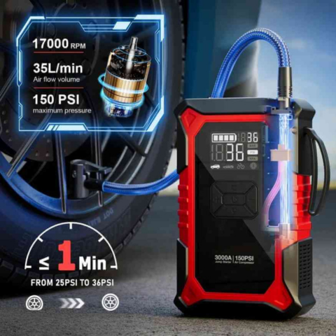 Auto-Starthilfe – Integrierter Kompressor und LED-Lampe
