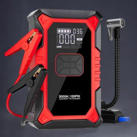 Arrancador de Coche Portátil – Compresor Integrado y Lámpara LED 