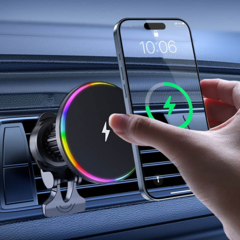 Supporto per Telefono Auto – Ricarica Senza Fili e Illuminazione a Led 